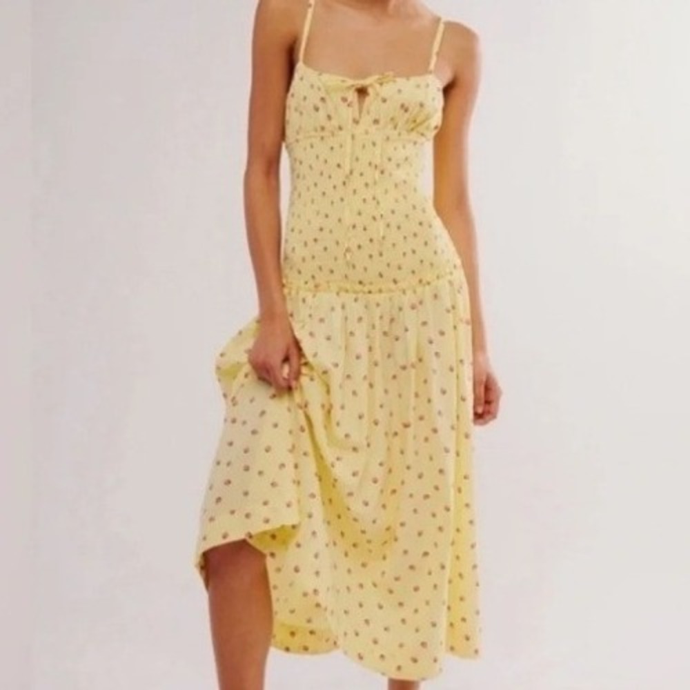 Free People Yellow Strawberry Print Smocked Midi Dress Size Medium Cottagecore
